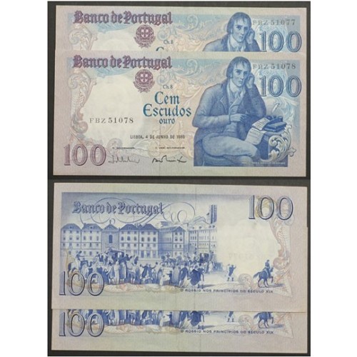 LOTE DE 2 NOTAS C/ NÚMEROS SEGUIDOS -100 ESCUDOS 1985(POUCO CIRCULADAS) "100$00 1985 Ch.8 BOCAGE - BANCO DE PORTUGAL(04/06/1985)