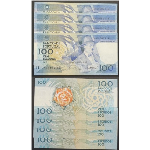 LOTE 4 NOTAS C/ Nº SEGUIDOS - 100 ESCUDOS 1987(NÃO CIRCULADAS) "100$00 1987 Ch.9 FERNANDO PESSOA - BANCO DE PORTUGAL(12/02/1987)
