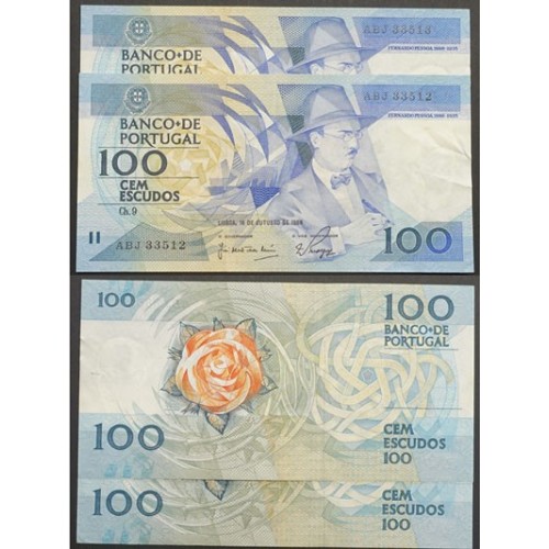 LOTE 2 NOTAS C/ Nº SEGUIDOS -100 ESCUDOS 1986(POUCO CIRCULADAS) "100$00 1986 Ch.9 FERNANDO PESSOA -BANCO DE PORTUGAL(16/10/1986)