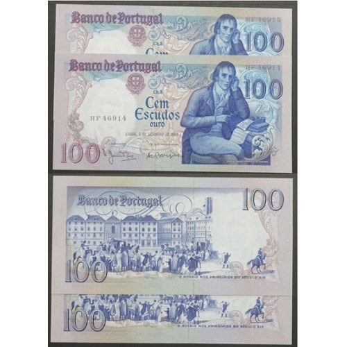 LOTE DE 2 NOTAS C/ NÚMEROS SEGUIDOS -100 ESCUDOS 1980(POUCO CIRCULADAS) "100$00 1980 Ch.8 BOCAGE - BANCO DE PORTUGAL(02/09/1980)