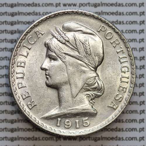 1 Escudo 1915 prata, (1$00 escudo prata 1915), (MBC+), 1 Escudo Silver 1915 World Coins Portugal  KM 564