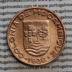 Moçambique, 20 centavos 1936 cobre da Ex-Colónia Portuguesa de Moçambique, (MBC+), World Coins Mozambique KM 64