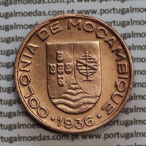 Moçambique, 20 centavos 1936 Cobre, ("$20" centavos cobre 1936), (MBC+/Bela) Ex-Colónia Moçambique, World Coins Mozambique KM 64