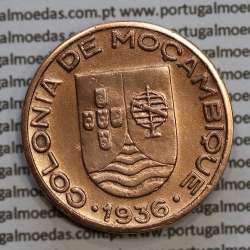 Moçambique, 20 centavos 1936 Cobre, ("$20" centavos cobre 1936), (MBC+) Ex-Colónia Moçambique, World Coins Mozambique KM 64