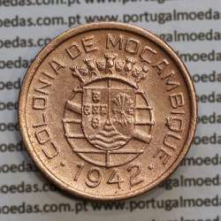 Moçambique 10 centavos 1942 cobre, "$10" centavos cobre 1942, (MBC) Ex-Colónia Moçambique, World Coins Mozambique KM 72