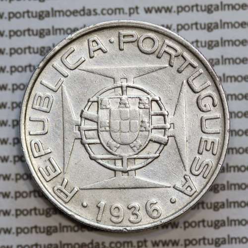 Mozambique, silver coin of 10 Escudos 1936, or 10$00 1936 Former Portuguese colony, (VF+), World Coins Mozambique KM 67