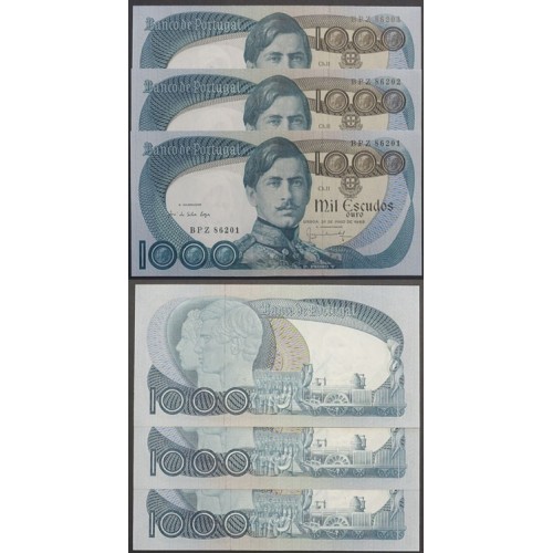 LOTE 3 NOTAS C/ Nº SEGUIDOS - 1000 ESCUDOS 1968(POUCO CIRCULADAS) "1000$00 1968 Ch.11 D.PEDRO V - BANCO DE PORTUGAL(28/05/1968)
