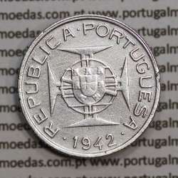Moçambique 2$50 1942 Prata, (dois escudos e cinquenta centavos em prata de 1942), (MBC+), World Coins Mozambique KM 68