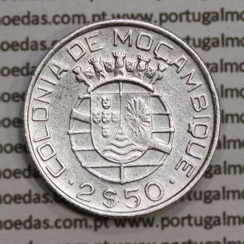 Moçambique 2$50 1942 Prata, (dois escudos e cinquenta centavos em prata de 1942), (MBC), World Coins Mozambique KM 68