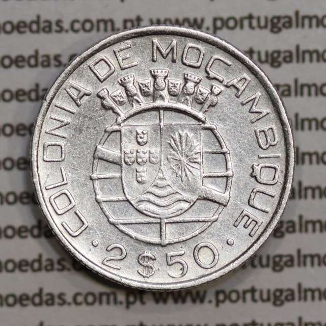 Moçambique 2$50 1942 Prata, (dois escudos e cinquenta centavos em prata de 1942), (MBC), World Coins Mozambique KM 68
