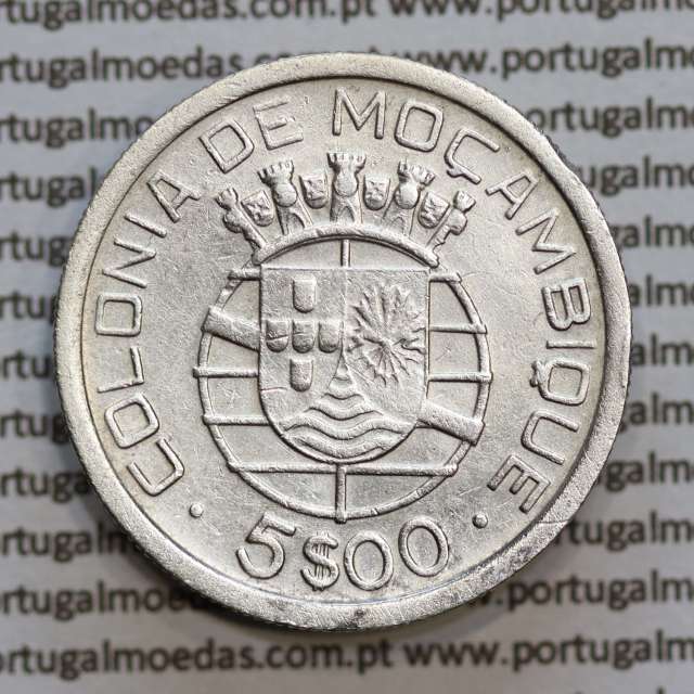 Moçambique 5$00 1938 Prata, (cinco escudos em prata de 1938), (MBC), World Coins Mozambique KM 69