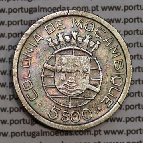 Moçambique 5$00 1938 Prata, (cinco escudos em prata de 1938), (MBC), World Coins Mozambique KM 69