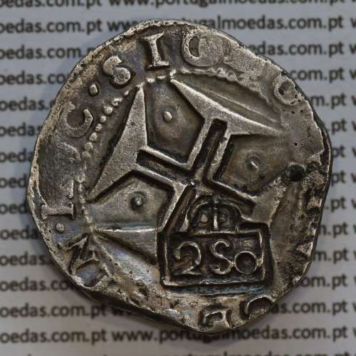 Carimbo de 250 Réis de D. Afonso VI, sobre Meio Cruzado Prata de D. João IV, carimbo "2S0",  World Coins Portugal KM 434.1