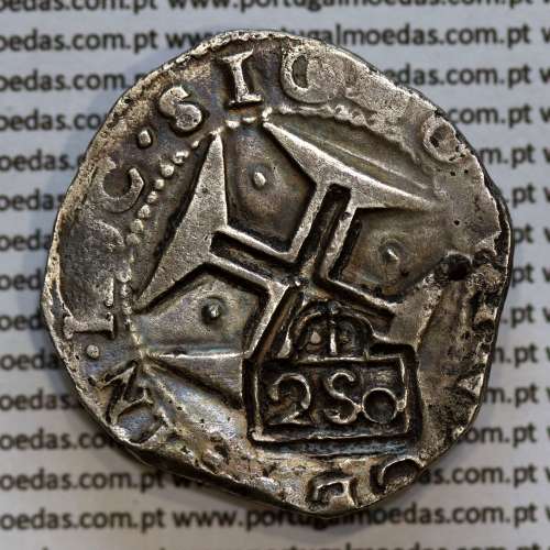 Carimbo de 250 Réis de D. Afonso VI, sobre Meio Cruzado Prata de D. João IV, carimbo "2S0",  World Coins Portugal KM 434.1
