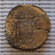 Tostão Prata de D. Filipe II 1598-1621, Inédita, variantes Raras, Reverso Cruz cercada por 3 pontos "︙" em cada haste