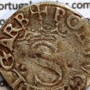 Portugal, silver coin of Vintém D. Sebastião I (1557–1578), ✠PORTVG:ETALGARB / ✠SEBASTIANVS.REX.P. (a besant in each escutcheon)
