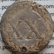 Vintém prata de D. João III 1521-1557, (2º tipo, Marquilha "XX" dentro de coroa de Louros) , Legenda: IOANNES.III.R.PORT