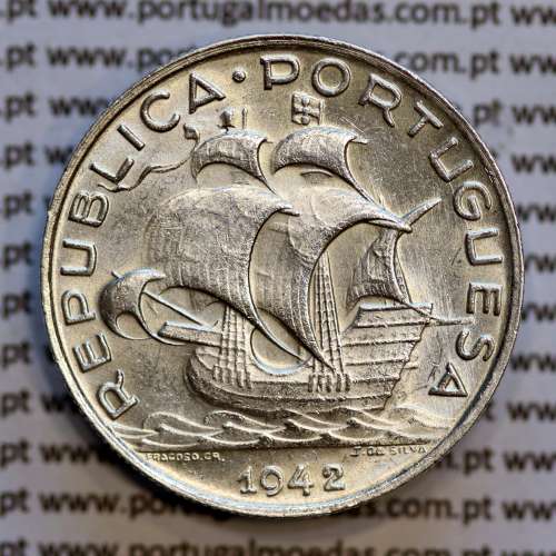 5$00 1942 prata, 5 escudos 1942 prata da República Portuguesa, (Bela/Soberba), World Coins Portugal KM 581