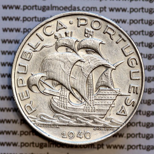 10$00 prata 1940, 10 Escudos 1940 Prata da República Portuguesa, (MBC+/Bela-), World Coins Portugal KM 582