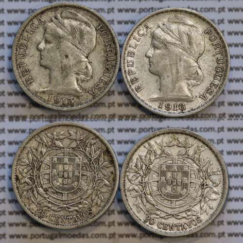 20 centavos prata 1913 + 20 centavos prata 1916, Republica Portuguesa, World Coins Portugal  KM 562