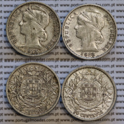 20 centavos prata 1913 + 20 centavos prata 1916, Republica Portuguesa, World Coins Portugal  KM 562