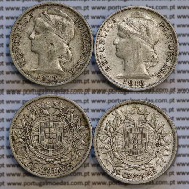 20 centavos prata 1913 + 20 centavos prata 1916, Republica Portuguesa, World Coins Portugal  KM 562
