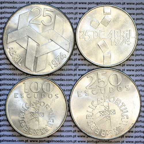 Coleção moedas prata 25 Abril 1974, 100$00 + 250$00 prata 1977 comemorativa do 25 de Abril 1974