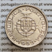 Angola, copper-nickel coin 2.50 Escudos 1953, 2-1/2 Escudos 1953 former Portuguese colony of Angola, World Coins Angola KM#77
