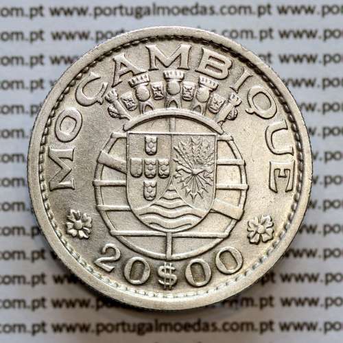 Moçambique 20$00 1952 Prata, (vinte escudos em prata de 1952), (MBC+), World Coins Mozambique KM 80