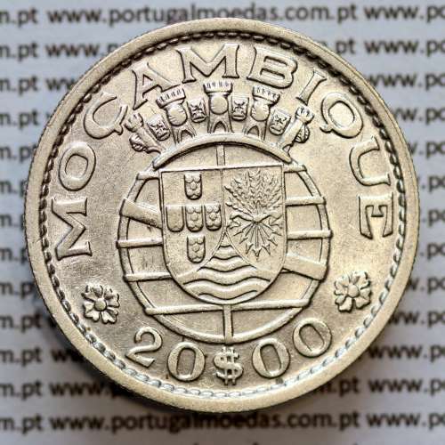 Moçambique 20$00 1955 Prata, (vinte escudos em prata de 1955), (MBC+), World Coins Mozambique KM 80