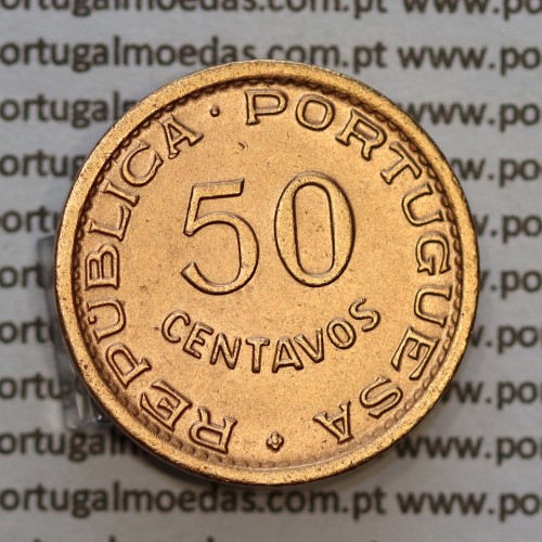 Angola 50 Centavos 1953 Bronze, ("$50" cinquenta centavos 1953 Angola), (Bela/Soberba), Angola, World Coins Angola KM 75