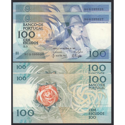 LOTE 2 NOTAS C/ Nº SEGUIDOS -100 ESCUDOS 1987(POUCO CIRCULADAS) "100$00 1987 Ch.9 FERNANDO PESSOA -BANCO DE PORTUGAL(03/12/1987)