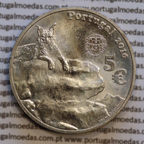 5€ "Euros" 2016, Lince Ibérico, Cuproníquel, (5 Euro 2016,  Iberian Lynx, Copper-nickel coin, World Coins Portugal  KM 882)