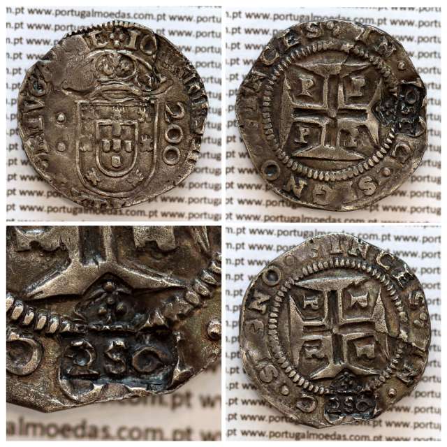 Carimbo 250 Réis de D. Afonso VI, sobre meio Cruzado Prata de D. João IV (Porto), "2S0" pequeno,  World Coins Portugal KM 434.3