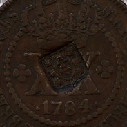 Carimbo Escudete de D. João Príncipe Regente sobre XX Réis cobre 1784 D. Maria I e D. Pedro (Brasil), World Coins Brasil KM 282