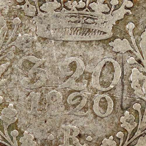 320 Réis 1820 Prata D. João VI (Brasil), Modulo Menor, valor facial junto á data, diadema losango e crucífero, ".ET." sobreposto