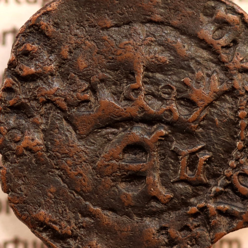 Meio Real Preto em cobre de D. Duarte I, Rara, peculiaridades distintas, Coroa com arruelas e legenda separada por Rosetas