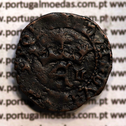 Meio Real Preto em cobre de D. Duarte I, Rara, características atípicas, Coroa com arruelas e legenda separada por Rosetas