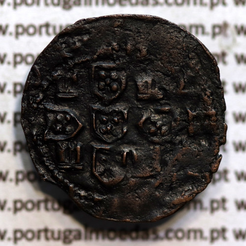 Meio Real Preto em cobre de D. Duarte I, Rara, peculiaridades distintas, Coroa com arruelas e legenda separada por Rosetas