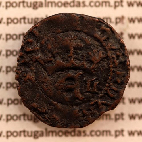 Meio Real Preto em cobre de D. Duarte I, Rara, características atípicas, Coroa com arruelas e legenda separada por Rosetas