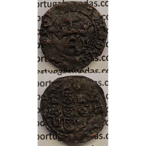 Meio Real Preto em cobre de D. Duarte I, Rara, características atípicas, Coroa com arruelas e legenda separada por Rosetas