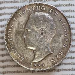 500 réis 1864 prata D. Luis I, moeda de cinco tostões prata 1864, World Coins Portugal KM 509