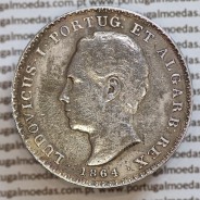 500 réis 1864 prata D. Luis I, moeda de cinco tostões prata 1864, World Coins Portugal KM 509