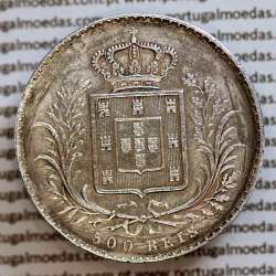 500 réis 1864 prata D. Luis I, moeda de cinco tostões prata 1864, World Coins Portugal KM 509