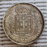 500 réis 1864 prata D. Luis I, moeda de cinco tostões prata 1864, World Coins Portugal KM 509