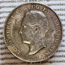 500 réis 1864 prata D. Luis I, moeda de cinco tostões prata 1864, World Coins Portugal KM 509