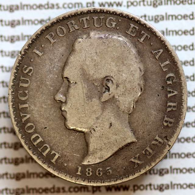 500 réis 1865 prata D. Luis I, moeda de cinco tostões prata 1865, World Coins Portugal KM 509