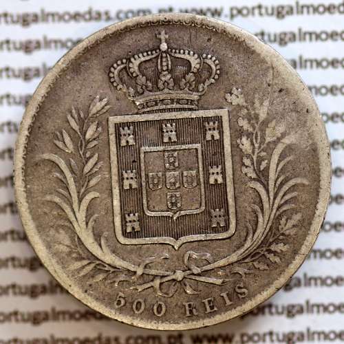 500 réis 1865 prata D. Luis I, moeda de cinco tostões prata 1865, World Coins Portugal KM 509