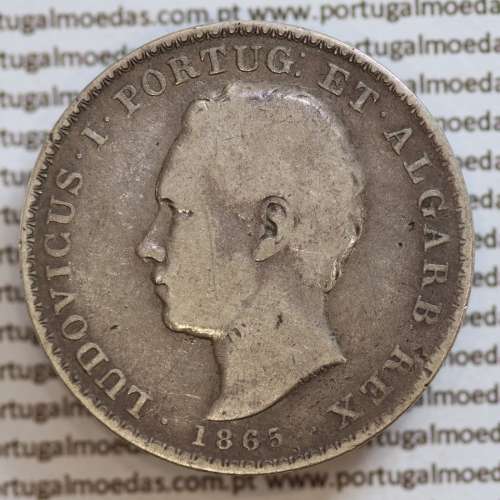 500 réis 1865 prata D. Luis I, moeda de cinco tostões prata 1865, World Coins Portugal KM 509
