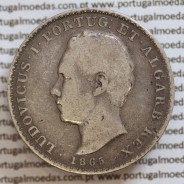 500 réis 1865 prata D. Luis I, moeda de cinco tostões prata 1865, World Coins Portugal KM 509